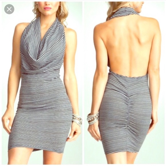 bebe Dresses & Skirts - Bebe Mini stripe cowl halter dress
